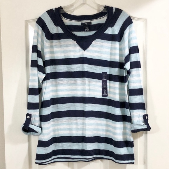 Gap Women’s Blue/White Striped Sweater with Roll-Tab Sleeves/Rolled Raw Edges- L - Picture 7 of 16